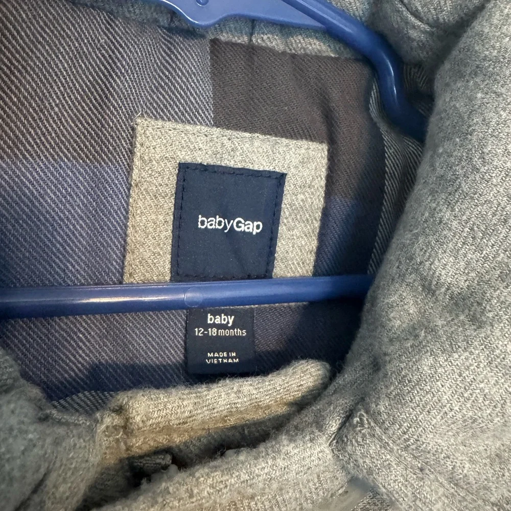 Baby GAP Gray Pea Coat 100% cotton very soft 12 - 18 months removable plaid blue